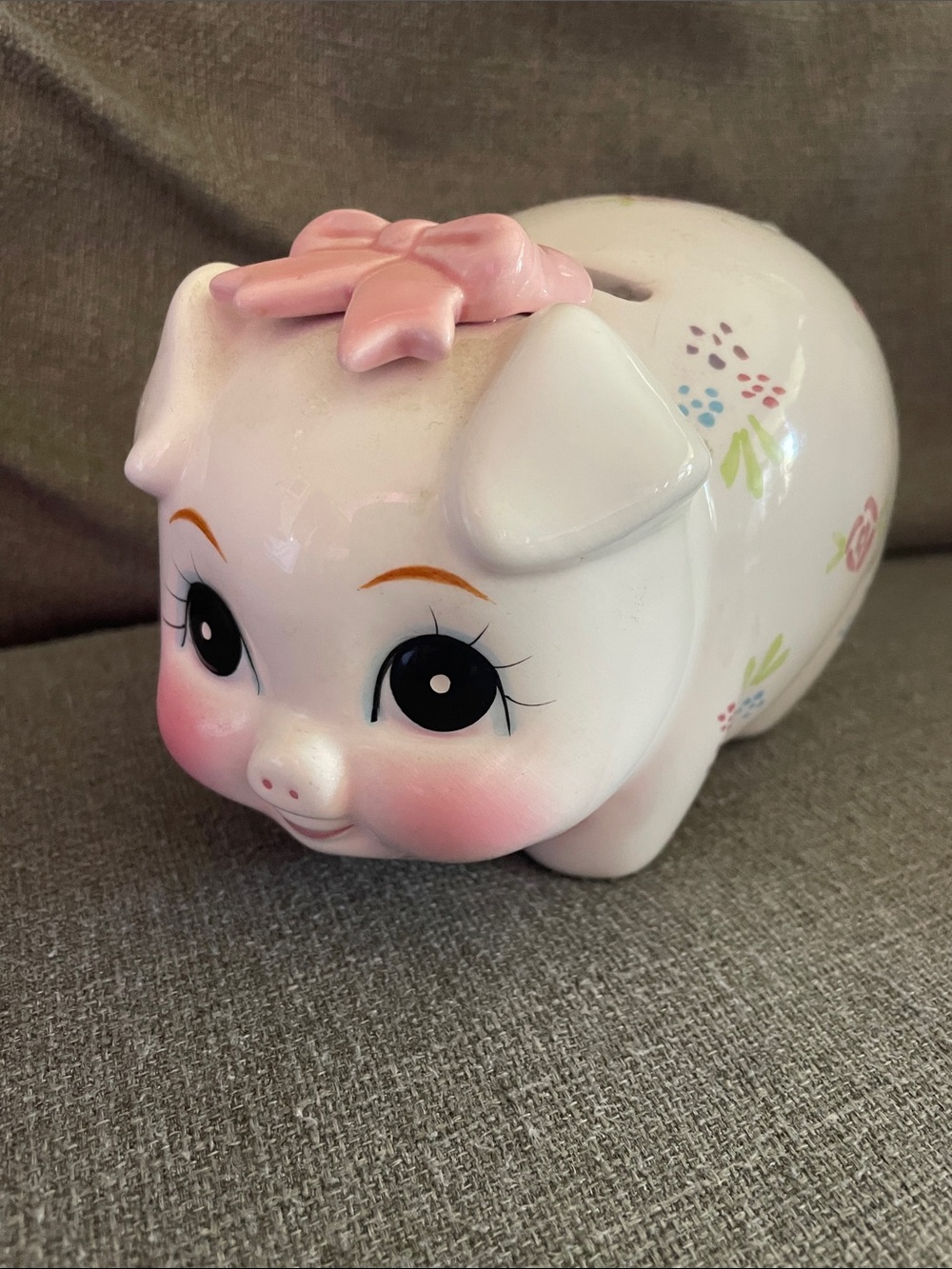 Lefton Kitsch White Piggy Bank Anthropomorphic Vintage Pink Bow STOPPER 1987 80s